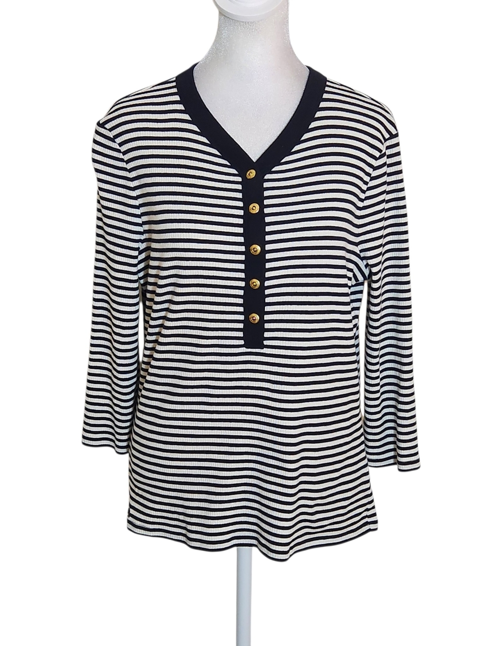 Lauren Ralph Lauren Womens Black and White Ribbed Knit Henley Size Large